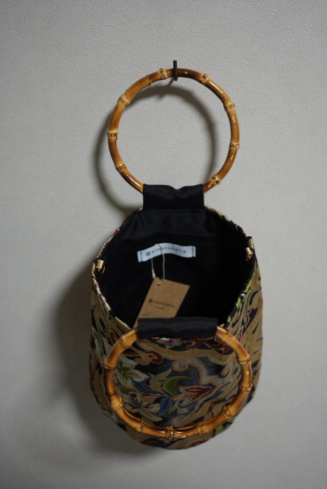 ［黒金・草花］obi bamboo-handle bag