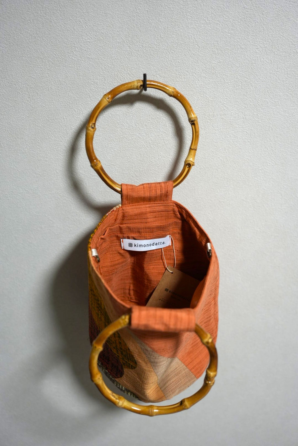 [Persimmon color/multicolor lattice] obi bamboo-handle bag